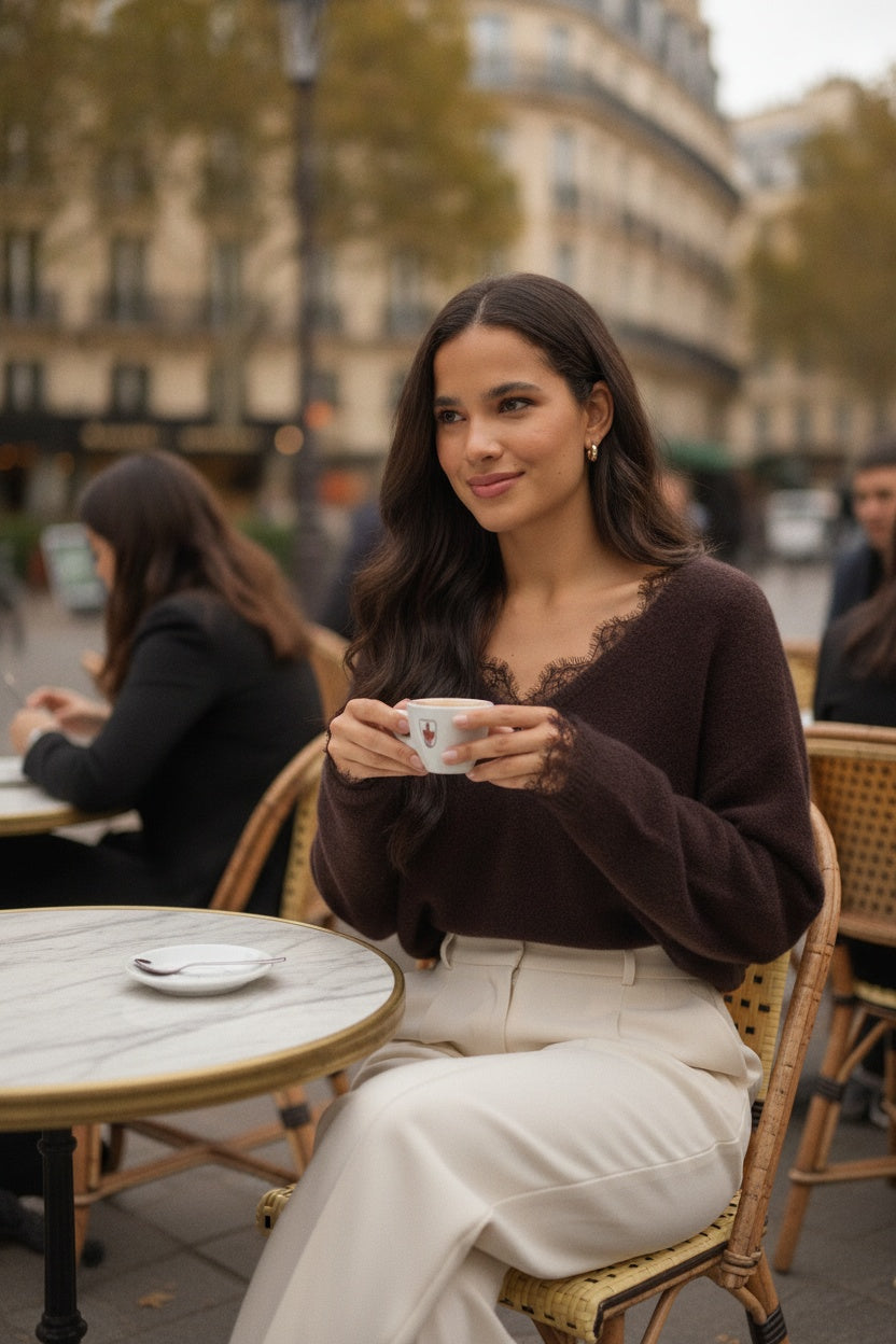 ELODIE | LACE-TRIM KNIT SWEATER