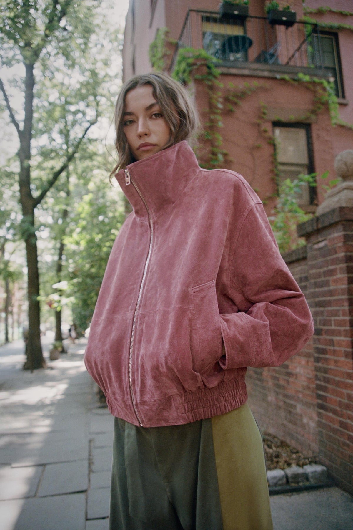 Mirage Toronto Stand-Collar Suede Bomber Jacket in Marsala - View 2