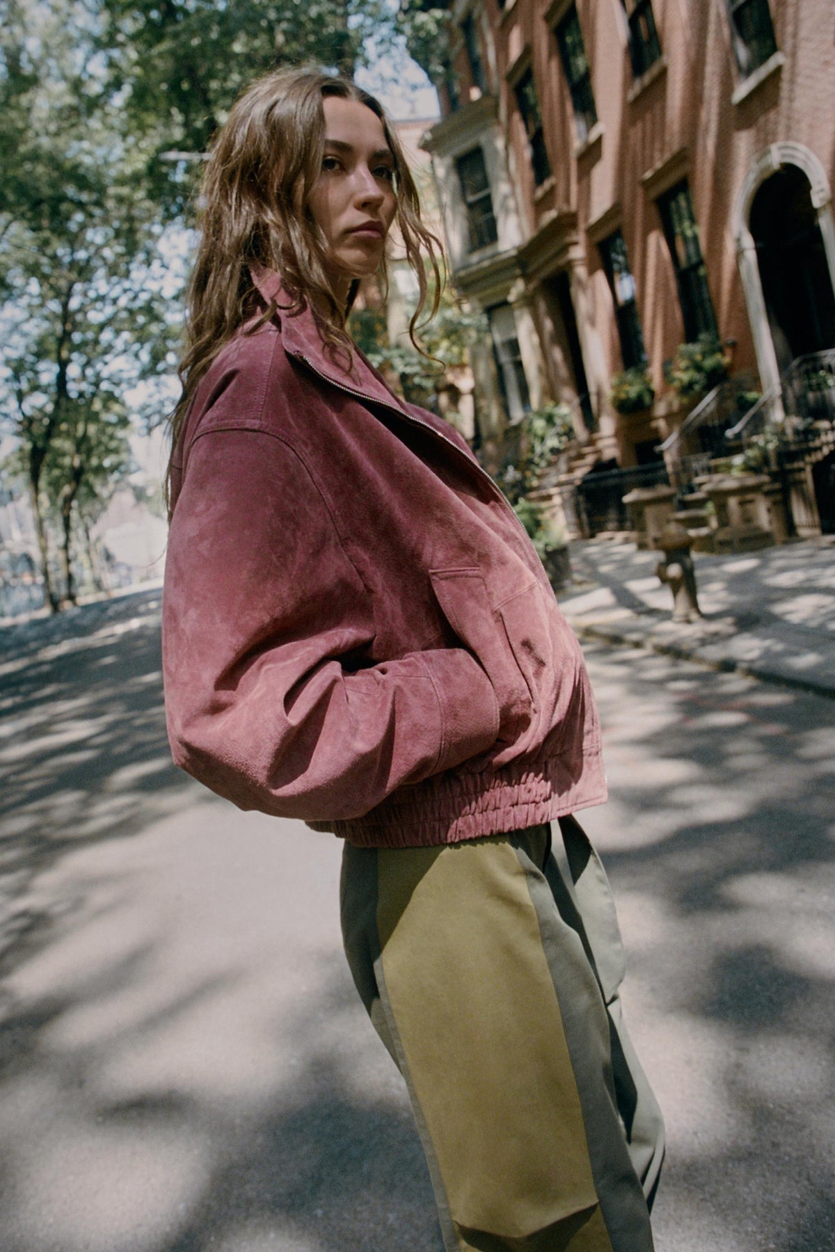 Mirage Toronto Stand-Collar Suede Bomber Jacket in Marsala - View 4