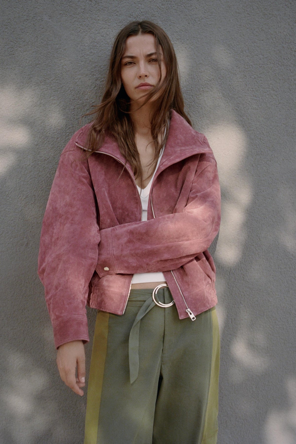 Mirage Toronto Stand-Collar Suede Bomber Jacket in Marsala - View 3